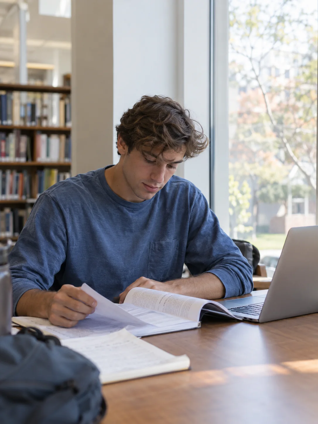 Illustrative scene of a male student reading lecture notes beside a library window